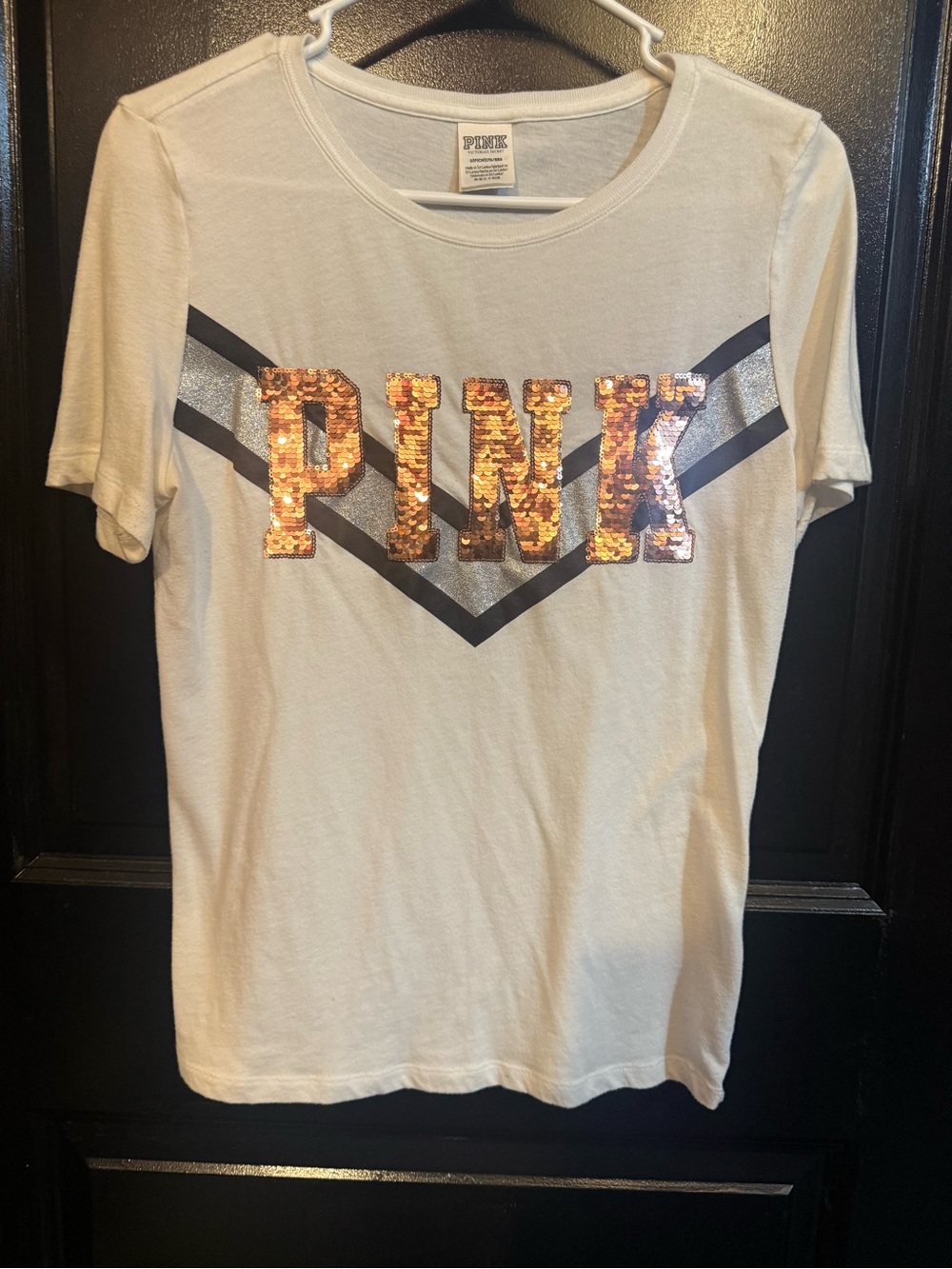 PINK Victoria's Secret Cream Tee with Gold Sequin Logo